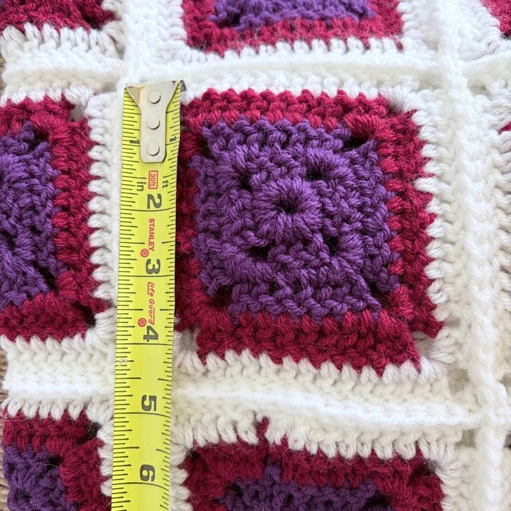 Red Purple‎ White Hand Crocheted Afghan Throw Lap Blanket 36x47 Granny Square